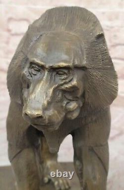 Baboon Sculpture Statue Figurine Bronze Metal Signed On Marble Base By