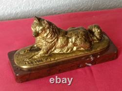 Barbedienne Founder Loulou Dog Bronze Gilded Signed E. FREMIET 1824/1910 On Marble