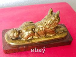 Barbedienne Founder Loulou Dog Bronze Gilded Signed E. FREMIET 1824/1910 On Marble