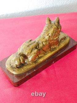 Barbedienne Founder Loulou Dog Bronze Gilded Signed E. FREMIET 1824/1910 On Marble