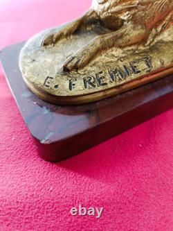Barbedienne Founder Loulou Dog Bronze Gilded Signed E. FREMIET 1824/1910 On Marble