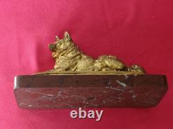 Barbedienne Founder Loulou Dog Bronze Gilded Signed E. FREMIET 1824/1910 On Marble