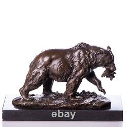 Bear Sculpture with Fish in Bronze on Black Marble After Milo