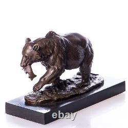 Bear Sculpture with Fish in Bronze on Black Marble After Milo