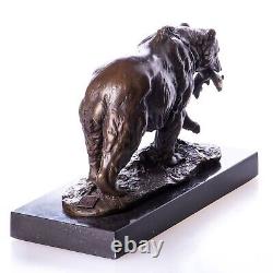 Bear Sculpture with Fish in Bronze on Black Marble After Milo