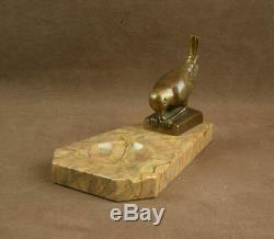 Beautiful Bird Sculpture Bronze Art Deco Signed On Base Marble Empty Pocket