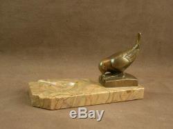 Beautiful Bird Sculpture Bronze Art Deco Signed On Base Marble Empty Pocket