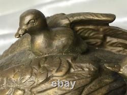 Beautiful Bronze Mother Swan Bird With Baby Swans Sculpture Signed Marble Base