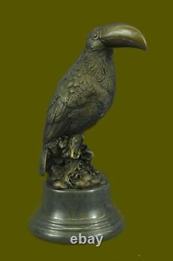 Beautiful Signed Bird Original Pure Bronze Statue on Marble Sculpture Decor