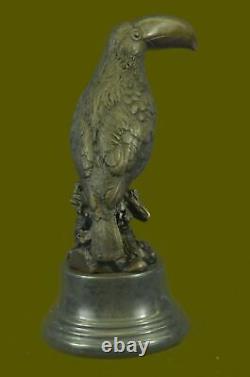 Beautiful Signed Bird Original Pure Bronze Statue on Marble Sculpture Decor