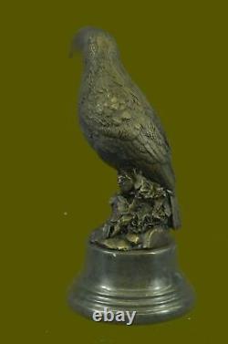 Beautiful Signed Bird Original Pure Bronze Statue on Marble Sculpture Decor