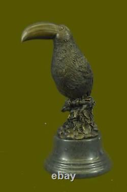 Beautiful Signed Bird Original Pure Bronze Statue on Marble Sculpture Decor