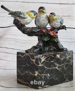 Beautiful Signed Pure Bronze Cardinal Bird Finch Statue on Marble Base
