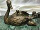 Beautiful Swan Bird Bronze Mother With Baby Cygnets Sculpture Marble Base Signed