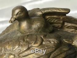 Beautiful Swan Bird Bronze Mother With Baby Cygnets Sculpture Marble Base Signed