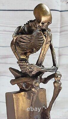Beaux-Arts Sculpture Bronze Skeleton Thinker Marble Base Signed Milo