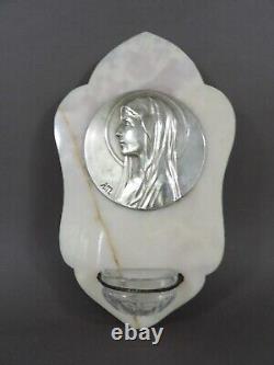 Benitier Ancien Brass Marble Crystal & Silver Virgin Mary Signed Tschudin