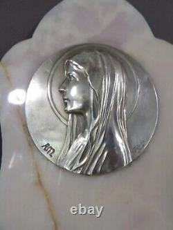 Benitier Ancien Brass Marble Crystal & Silver Virgin Mary Signed Tschudin