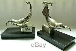 Bookend Sculpture Art Deco Bronze And Silver In 1925 Signed Marble Birds