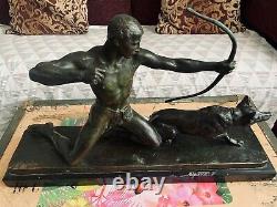 Bronze 19eme Signed L. Riché Socle Marble 1877/1949 Sculpture Man And His Dog