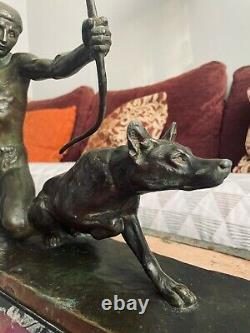Bronze 19eme Signed L. Riché Socle Marble 1877/1949 Sculpture Man And His Dog