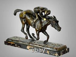 Bronze Ancient Signed Luis D'aguiar Representing a Jockey Racing on Marble
