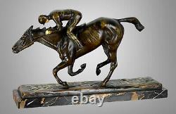 Bronze Ancient Signed Luis D'aguiar Representing a Jockey Racing on Marble