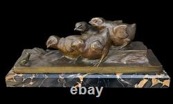 Bronze Art Deco on Marble Depicting Chicks and a Frog, Signed