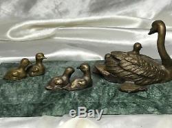 Bronze Beautiful Mother With Baby Cygnets Swan Bird Sculpture Signed Marble Base