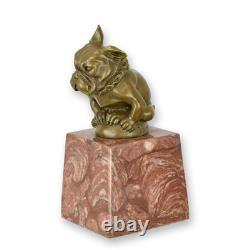 Bronze Bulldog Car Mascot Sculpture on Marble Base Signed
