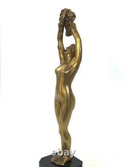 Bronze By Alfred Jorel Woman 1900 To Bronze Flowers Dore On Black Marble Z408