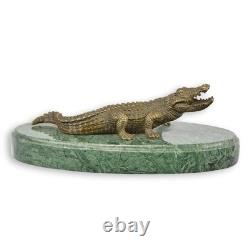 Bronze Crocodile Sculpture on a Green Marble Base Signed