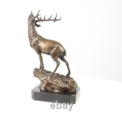 Bronze Deer Sculpture on a Black Marble Base After Milo