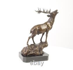 Bronze Deer Sculpture on a Black Marble Base After Milo
