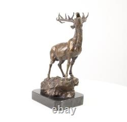 Bronze Deer Sculpture on a Black Marble Base After Milo
