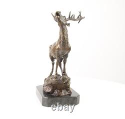 Bronze Deer Sculpture on a Black Marble Base After Milo