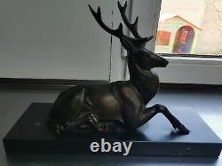 Bronze Deer With Marble Base Signed Thierry
