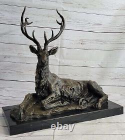 Bronze Deer on Marble Base Statue Signed Milo Estate Art Deco Figurine