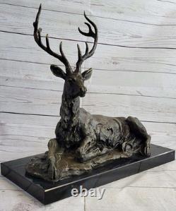 Bronze Deer on Marble Base Statue Signed Milo Estate Art Deco Figurine