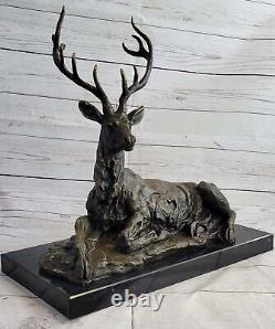 Bronze Deer on Marble Base Statue Signed Milo Estate Cast Art Deco Opener