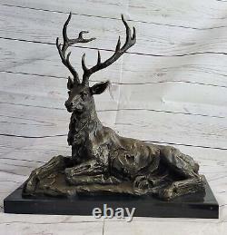 Bronze Deer on Marble Base Statue Signed Milo Estate Cast Art Deco Opener