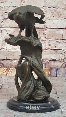 Bronze Eagle Perched on Classic Marble Animal Sculpture Signed Open Sale