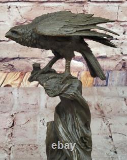 Bronze Eagle Perched on Classic Marble Animal Sculpture Signed Open Sale