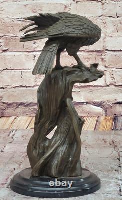 Bronze Eagle Perched on Marble Classical Animal Sculpture Signed Opening