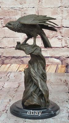 Bronze Eagle Perched on Marble Sculpture Classic Animal Opens Signed