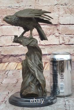 Bronze Eagle Perched on Marble Sculpture Classic Animal Opens Signed