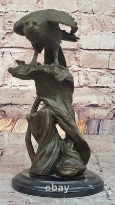 Bronze Eagle Perched on Marble Sculpture Classic Animal Opens Signed