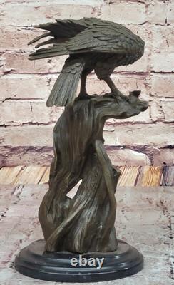 Bronze Eagle Perched on Marble Sculpture Classic Animal Opens Signed