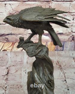 Bronze Eagle Perched on Marble Sculpture Classic Animal Opens Signed