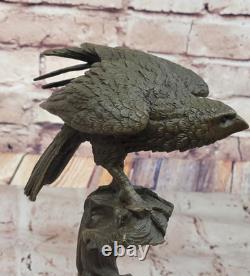 Bronze Eagle Perched on Marble Sculpture Classic Animal Opens Signed
